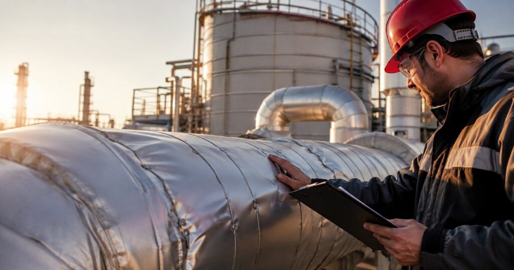 Técnico inspecionando isolamento térmico em tubulação e tanque industrial