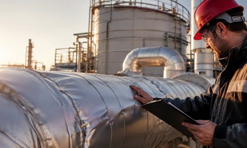 Técnico inspecionando isolamento térmico em tubulação e tanque industrial